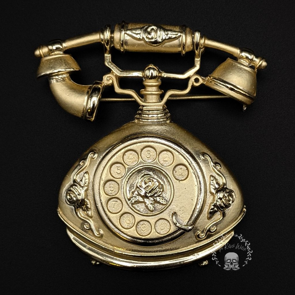 Vintage Rotary Telephone Brooch in Gold Tone